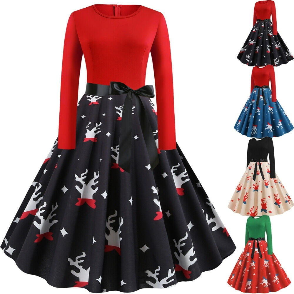 Xmas Dresses Women Vintage Plus Size Elk Reindeer Print Christmas ONeck Party Prom Dress Winter