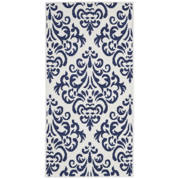 Nourison Grafix Damask White/Blue 2' x 4' Area Rug, (2x4)