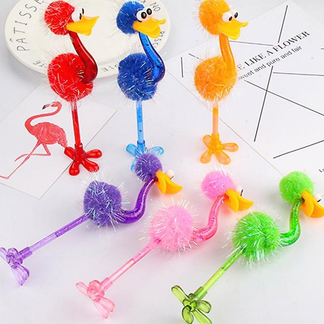 Juego de 5 bolígrafos de avestruz (color aleatorio), bolígrafo, bonito pájaro de peluche, bolígrafo azul de 0,5 mm, material de papelería creativo