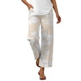 thumbnail image 3 of Boho Beach Pants for Women Casual Floral Print Elastic Waist Wide Straight Leg Loose Linen Cropped Pants with Pockets, 3 of 4