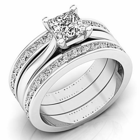 2.05 Carat (ctw) 14K Gold Princess Cut White Diamond Bridal Engagement Ring Matching Band Set 2 CT