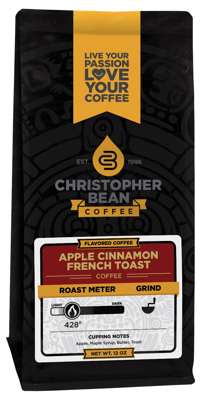Apple Cinnamon French Toast Flavored Regular Whole Bean Christopher Bean Coffee, 100% Arabica, No Sugar, No Fats, Made with Non-GMO Flavorings, 12 Oz Bag of coffee