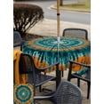 thumbnail image 5 of Square Outdoor Tablecloth With Umbrella Hole And Zipper– Abstract Ethnic Tie Dye Waterproof Patio Table Cover for Party, Picnic, Backyard, 60"x60" , Explosion Teal Brown, 5 of 8