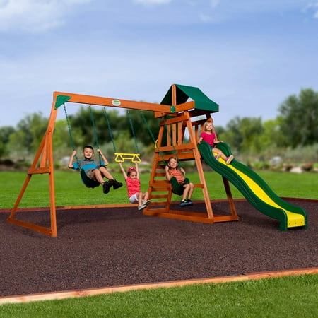 small wooden play set with covered platform