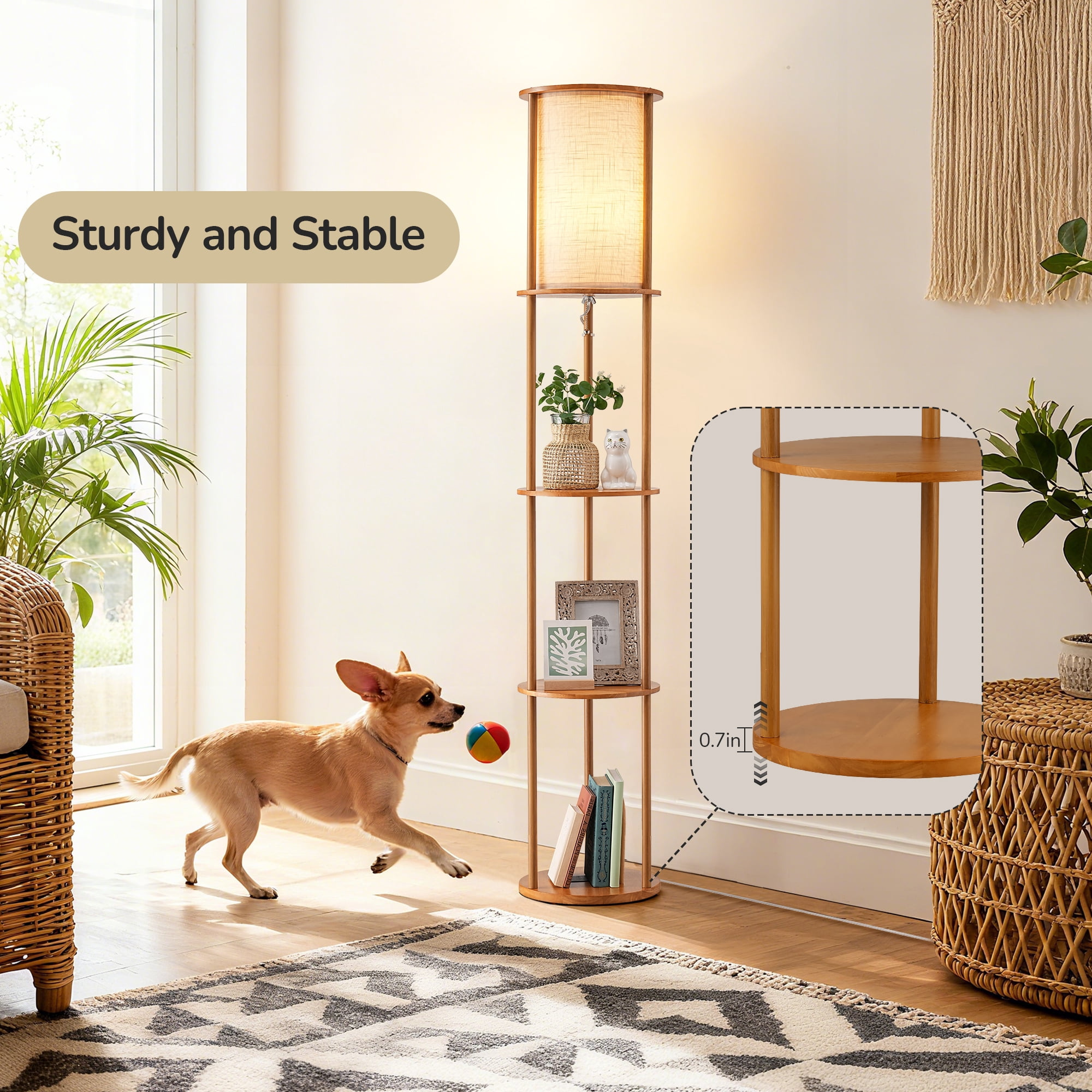 EDISHINE 63.8" Column Floor Lamp with Solid Wood Shelves, Modern Standing Lamp for Living Room Bedroom Corner, LED Bulb Included
