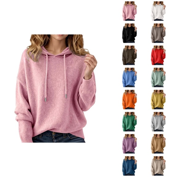 Women's Sweater Hoodie 2025 Fall Winter Long Sleeve Casual Knit Solid Color Hooded Sweatshirt Pullover Top