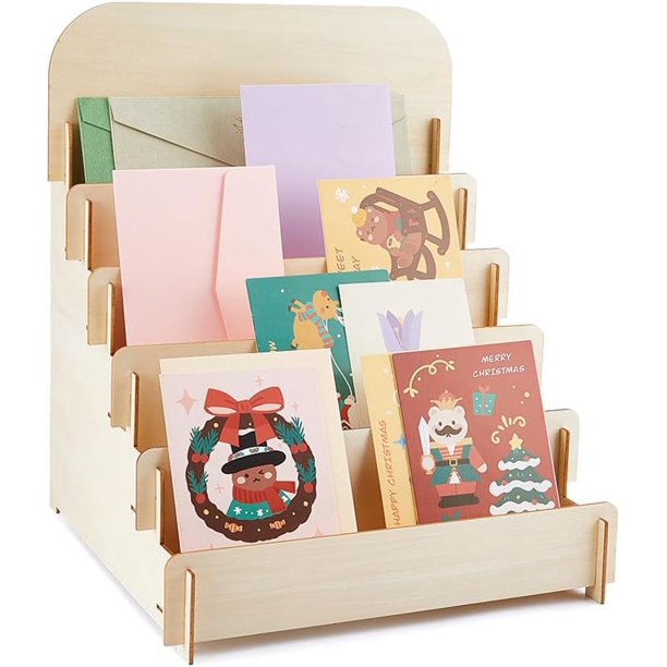 1 Juego de 5 Exhibidores de Tarjetas de Felicitación de Madera, Exhibidor de Pegatinas, Blanco, Portátil, Estante para Tarjetas, Exhibidor de Postales, Organizador de Joyería