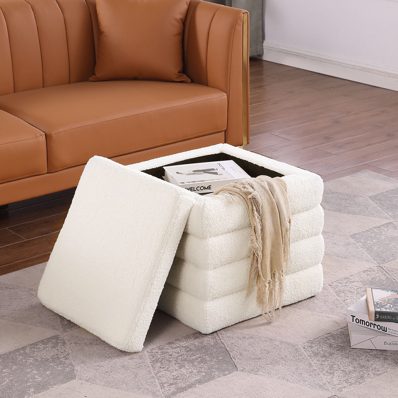 19" Square Storage Ottoman Sherpa Foot Rest Footstool Upholstered Storage Stool Seat White