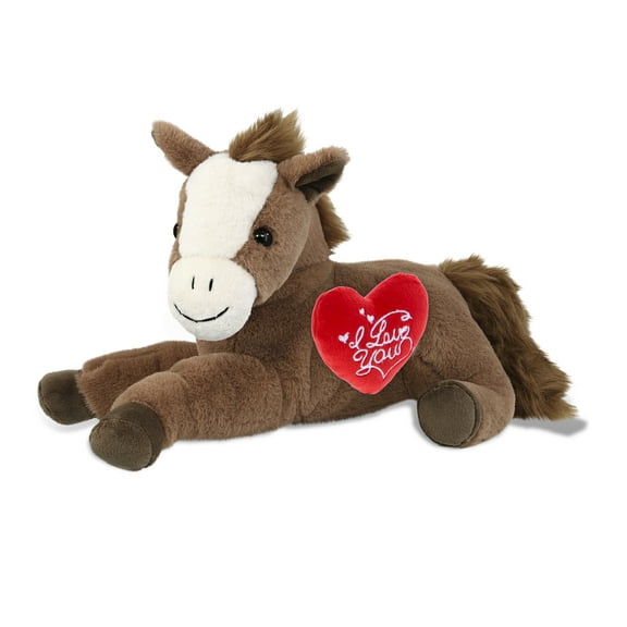 DolliBu I Love You Plush Super Soft Laying Brown Horse - Cute Stuffed Animal Horse with Red Heart Plush for Valentines, Anniversary, Romantic Date, Boyfriend, or Girlfriend Gift - 12 Inches