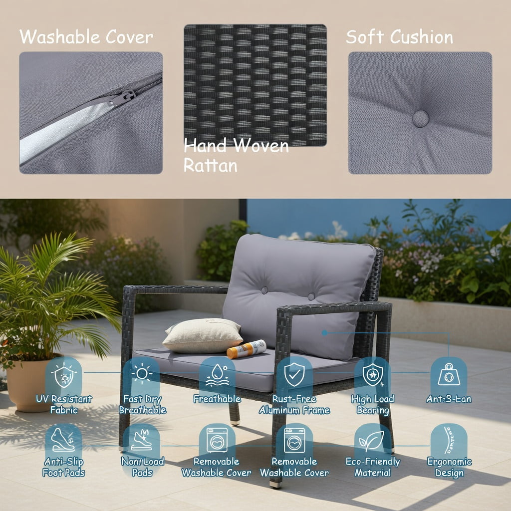 Hommoo 3-Piece Outdoor Rattan Patio Set with Rocking Chairs & Tempered Glass Table, Gray