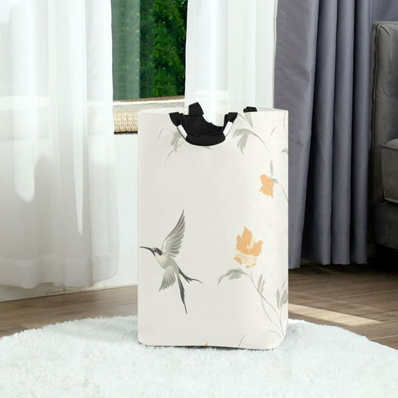 Hummingbird and Flowers Foldable Laundry Hamper 12.6x11x22.7in with Handles for Bathroom Bedroom Storage