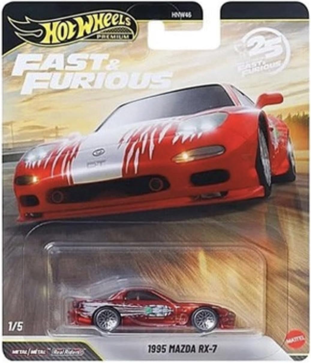 Hot Wheels Premium Fast & Furious 25th Anniversary Die-Cast Cars, Set of 5, Mazda RX-7, Custom Chevy, Chevelle, Honda Del Sol, Lamborgini Aventador,1:64 Scale HNW46-956P
