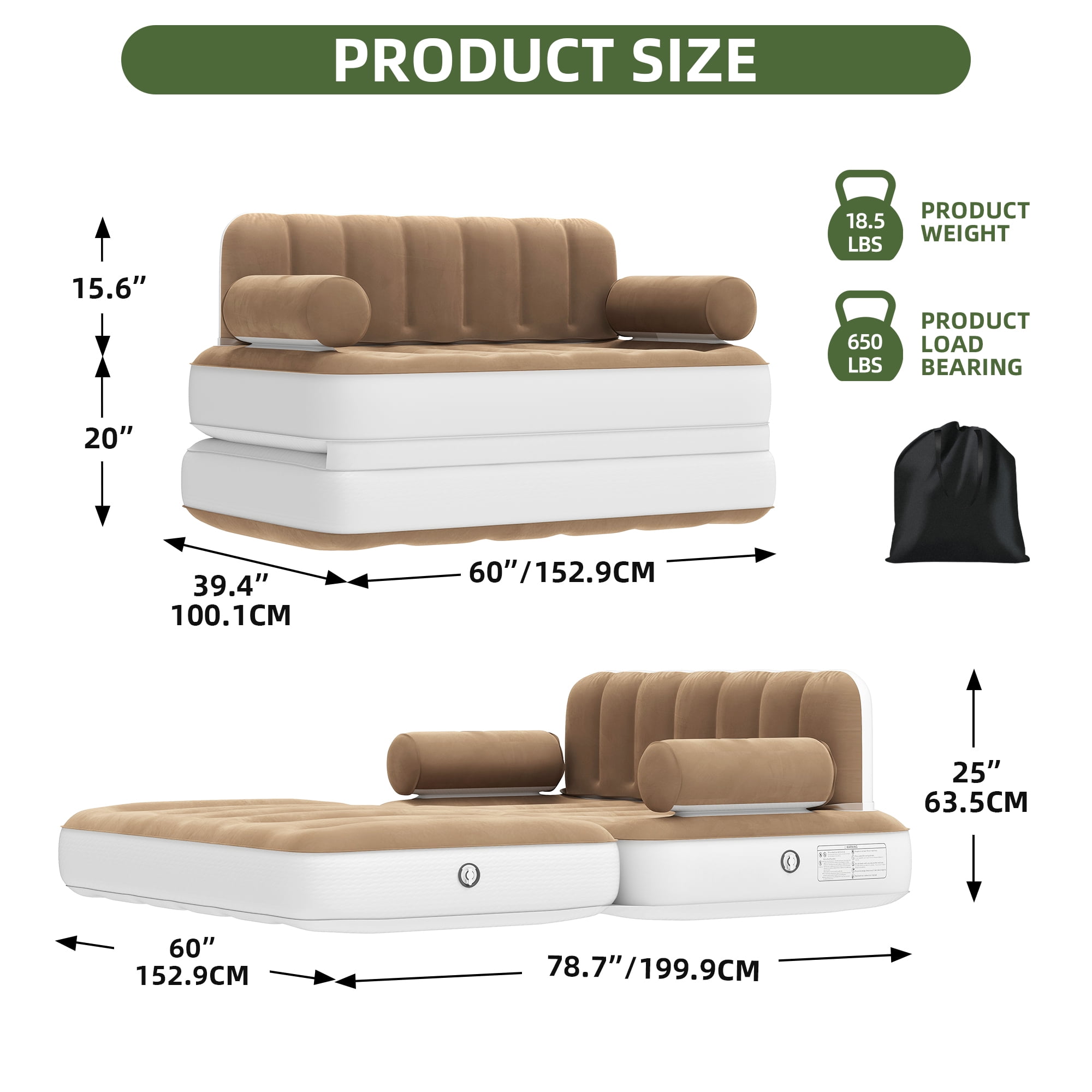 Uforic Queen Size Air Mattress with Built-in Air Pump, Brown Bed Skirt and Gray Top Including Repair Kit and Storage Bag, Supports Inflation/Deflation