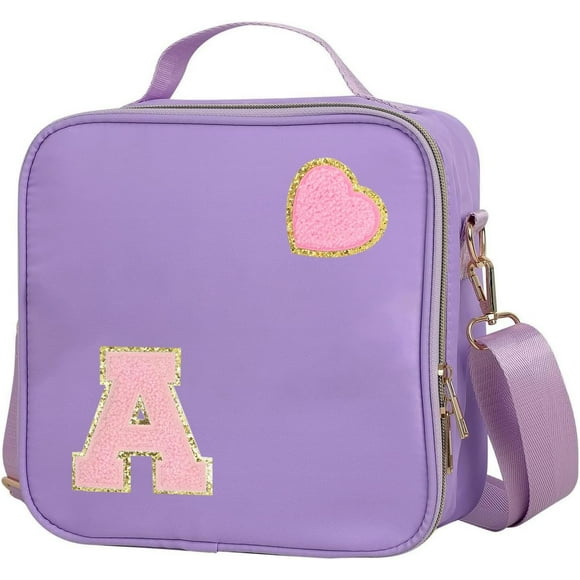 shiyou-Insulated Nylon Lunch Box for Girls, Kids, and Women-Stylish Purple Preppy Large Lunch Bag with Adjustable Strap (Letter A), Tote for School, Travel, and Picnics-Ideal Preppy Stuff Choice
