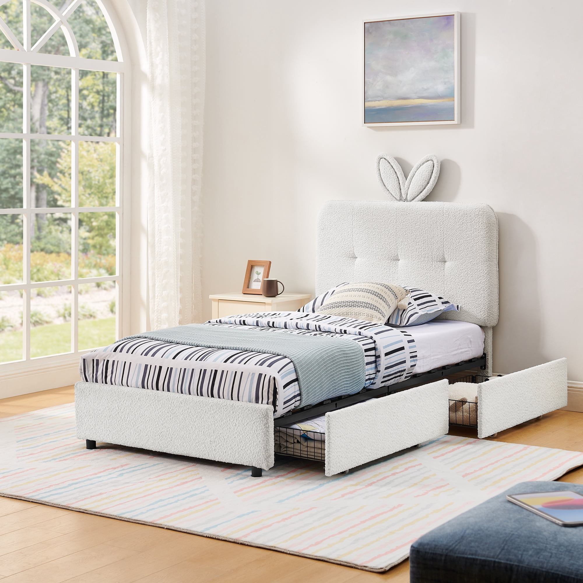 Mintazer Twin Upholstered Kids Bed with Oversized Rabbit Ear Headboard, Boucle Fabric Platform Bed with LED Headboard & 4 Storage Drawers, Beige