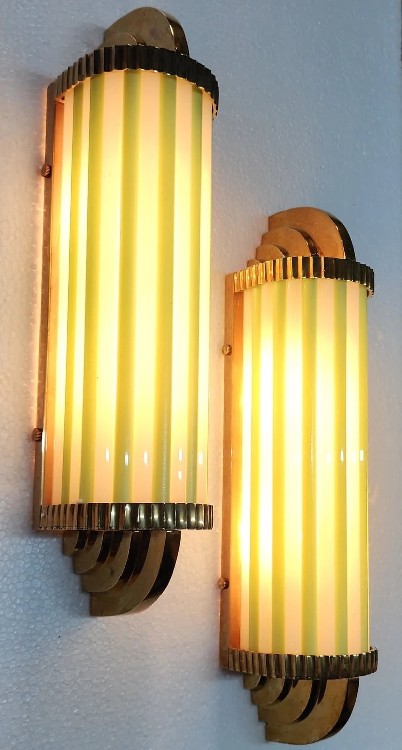 Pair of Vintage Art Deco Skyscraper Wall Sconces – Brass & Opaline Green Milk Glass Rod Lights
