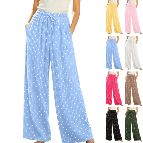 Sunnin Womens Pleated Wide Leg Pants Polka Dot Drawstring Waist Flowy Vacation Trousers