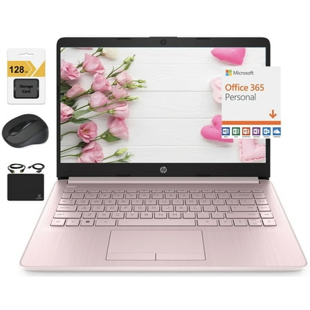HP New 14" HD Ultra Light Thin Laptop, Quad-Core Intel Celeron Processor, 8GB RAM, 192GB (64GB eMMC  128GB Card), Wi-Fi, Upto 11 Hours, Windows 11 S   1 Year Office 365 HubxcelAccessory, Pink