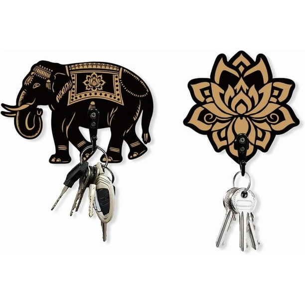 2 juegos de llaveros de elefante y loto para pared, de madera, con forma de elefante, organizador de llaves y decoración de loto.