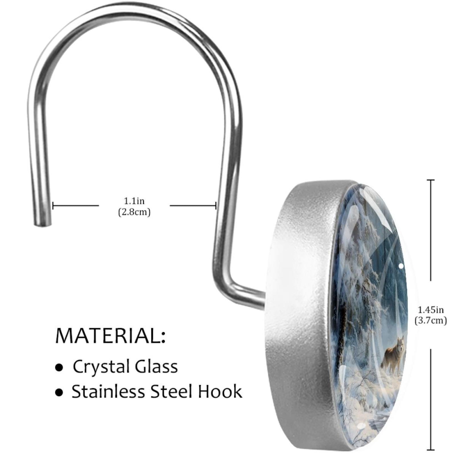 Wolf on Winter Forest Snow Stream Shower Curtain Hooks Round Crystal Glass, Set of 12 Shower Curtain Rings - Shower Hooks for Curtain Shower Rings