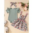 thumbnail image 4 of vera natura Baby Girls Summer Outfit Ribbed Short Sleeves Rompers and Floral Suspender Skirt Headband 3 Piece Clothes Set, 4 of 9