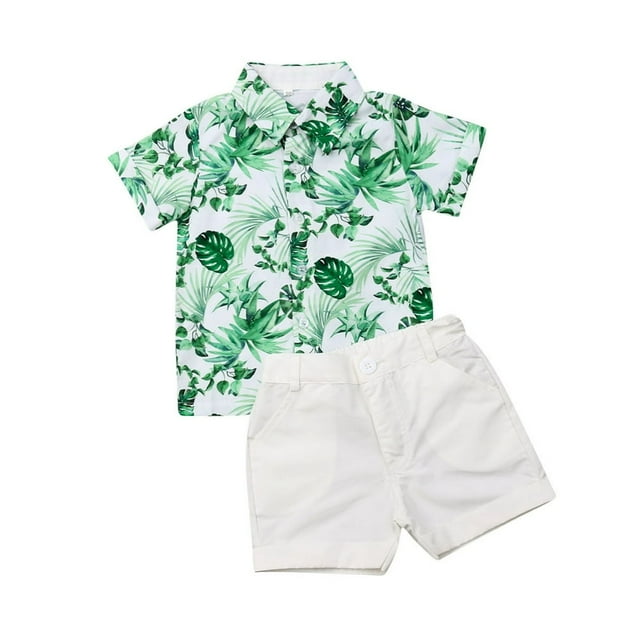 CNKOO Ensemble d'Été Garçon Imprimé Feuilles Manches Courtes Col à Revers + Shorts Unis Tenues 1-6 Ans