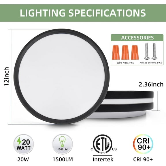 TRA-12 inch 20W Flush Mount LED Ceiling Light,1500LM Bright Ceiling Mount Light,Dimmable Modern Ceiling Light,5000K Daylight White Round LED Light Fixture for Kitchen Bedroom Bathroom, Black (1Pack)