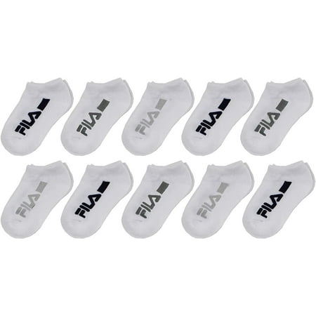Fila Kids Boys 10-Pack No Show Socks Racing Logo - White, Boys Small Shoe Sizes 7-10