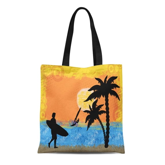 SIDONKU Canvas Tote Bag Summer Surf Scene Surfer and Windsurfer Adventure Aloha Aquatic Reusable Shoulder Grocery Shopping Bags Handbag