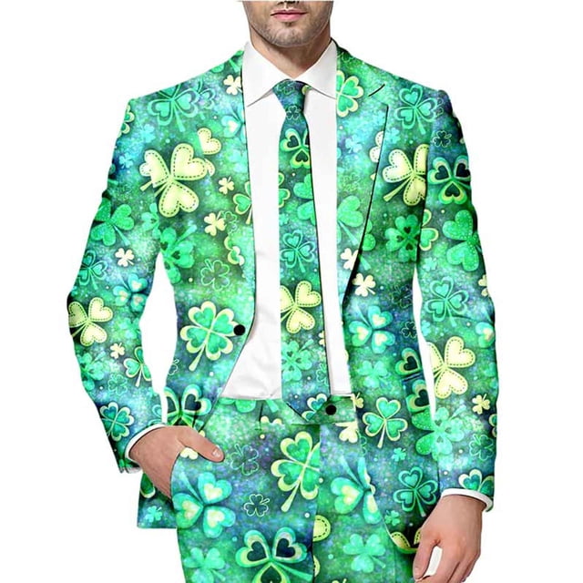 JHLZHS Black Suit Jacket for Men Mens St Patrick's Day Festive Style All over Printed Four Leaf Jacket Suit Mens Slim Fit Suit Jacket Short Mens Suit Jacket Blue