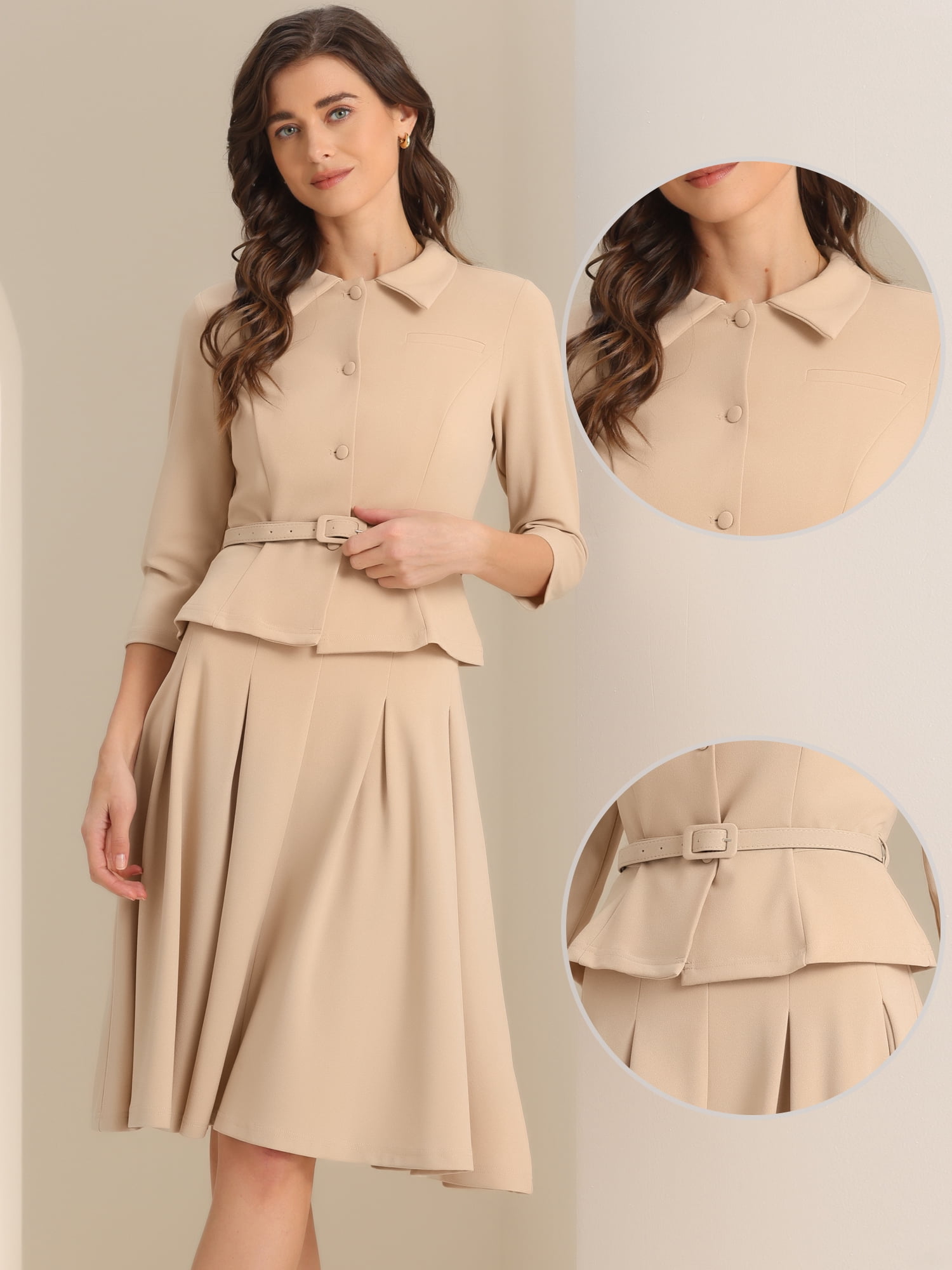DARING DIVA 2Pcs Women's Office Blazer Jacket Pleated Skirt Suit Set XL Khaki