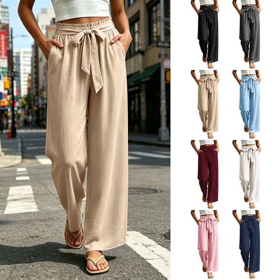 Ndbuld Pantalones Mujer Women High Waist Paperbag Wide Leg Pants Bow Flowy Loose Trousers Pockets Casual Pants,Beige,L