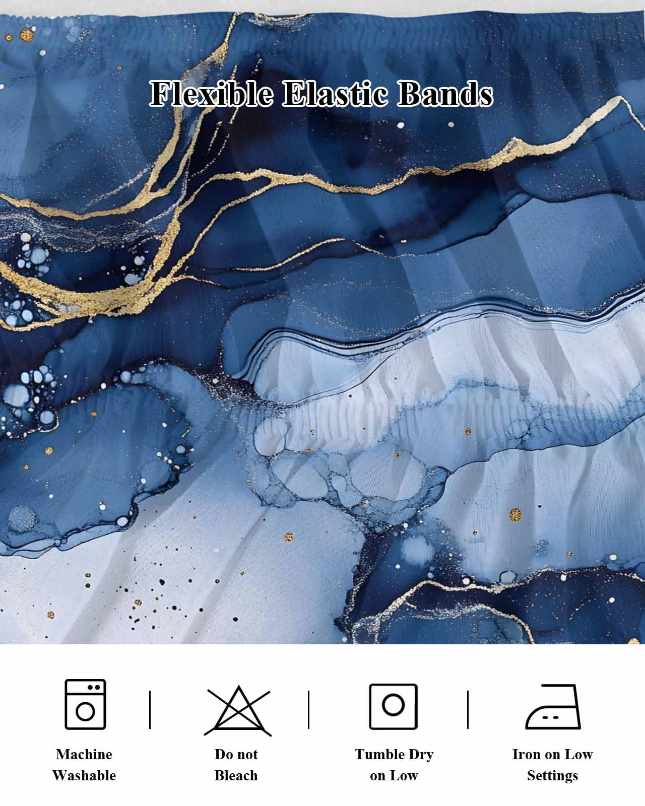 Marble Blue Wrap Around Bed Skirts for Queen Bed 16" Drop,Bed Skirt with Adjustable Elastic Belt Dust Ruffle Bed Valance for Bedroom Hotel Modern Gradient Gold Waves Nature Cracked Bed Frame Cover