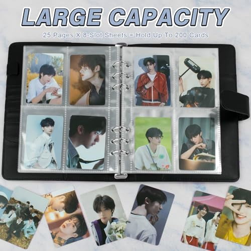 A5 Kpop Photocard Binder, 6 Ring Binder Album with 200 Card Slots, PU Leather Binder Cover with Magnetic Buckle Closure for Organizing Trading Cards (Black)