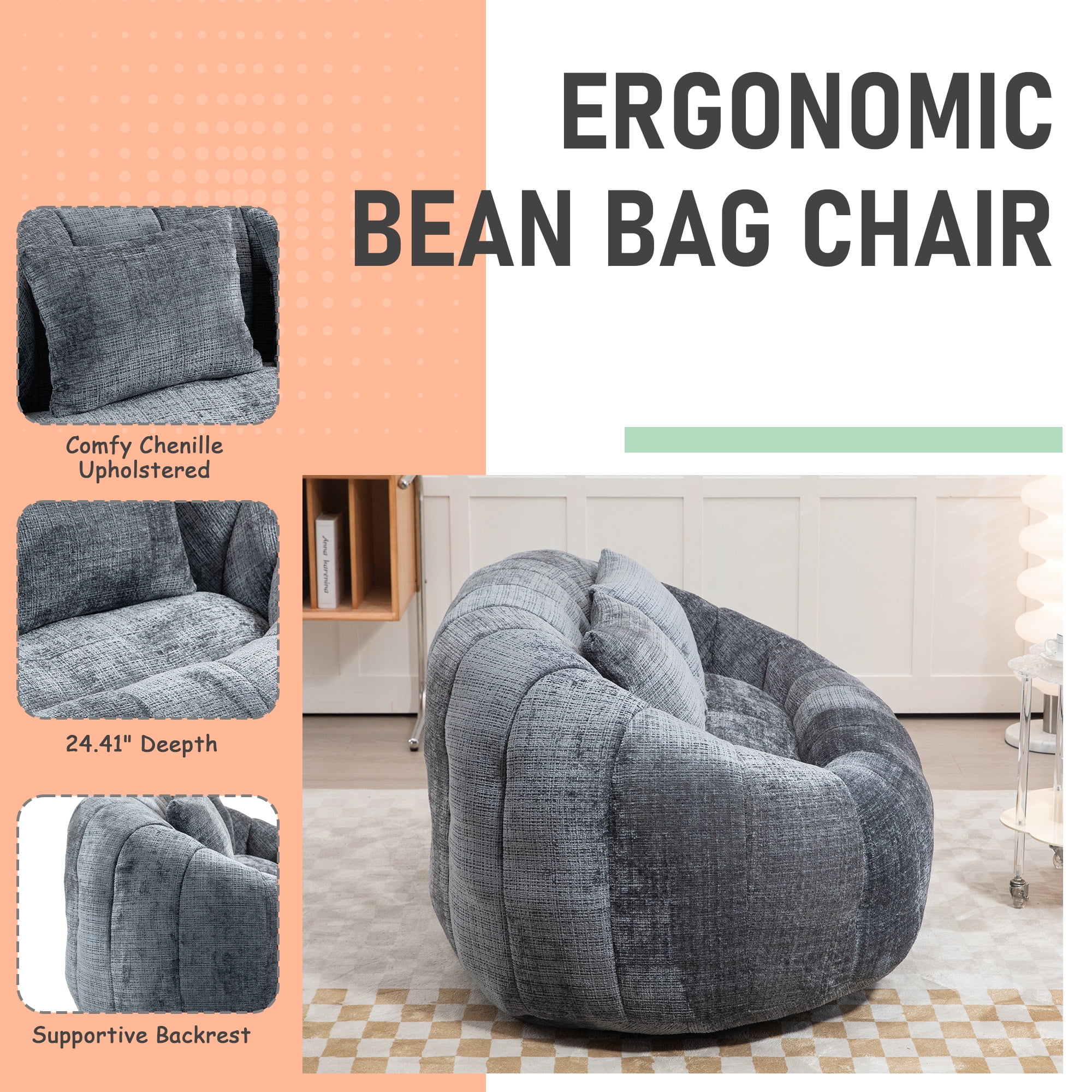 MOONMISS Chenille Durable Comfort Lounger High Back Bean Bag loveseat Lazy Sofa-Gray