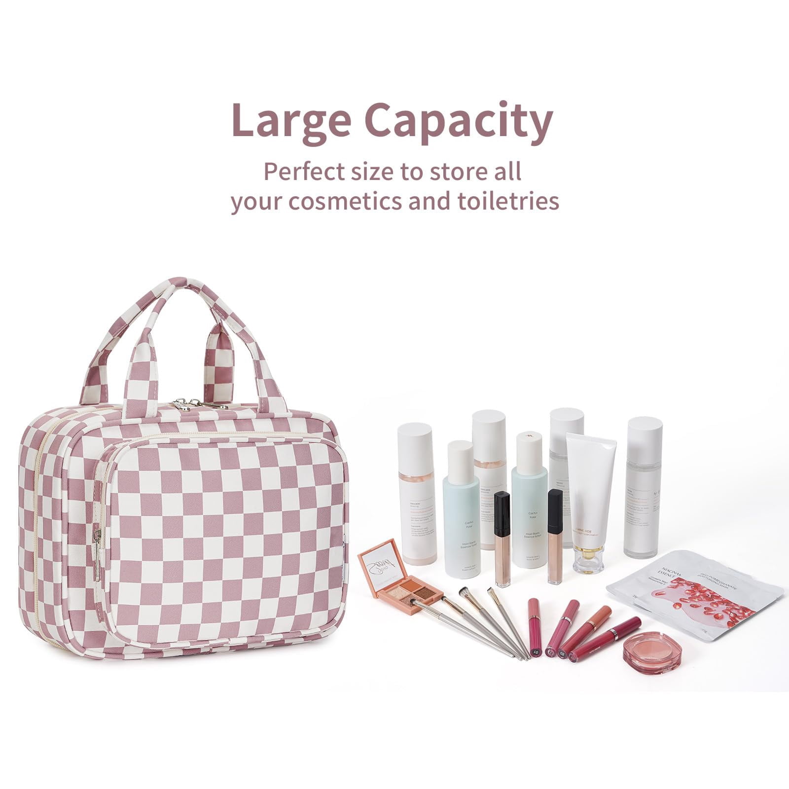 Checkerboard Hanging Travel Toiletry Bag with Hook, Makeup Bags for Women Cosmetic Organizer Toiletries for Brush Shampoo Travel Essentials, Pink