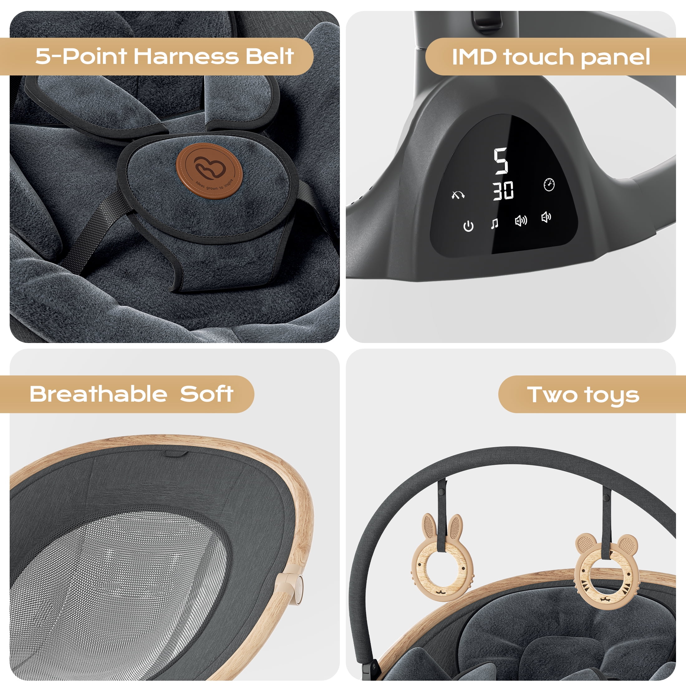 Baby Swing, Portable Bluetooth Infant Swing with Timer, 5 Speeds, 10 Lullabies, 5-Point Harness, Black
