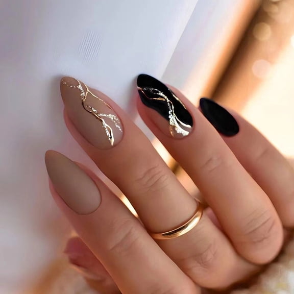 Almond Press on Nails Medium Fake Nails with Designs Brown Black False Nails Press ons Gold Foil Matte Full Cover Acrylic Glue on Nails Cute Artificial Stick on for Women Decorations 24Pcs