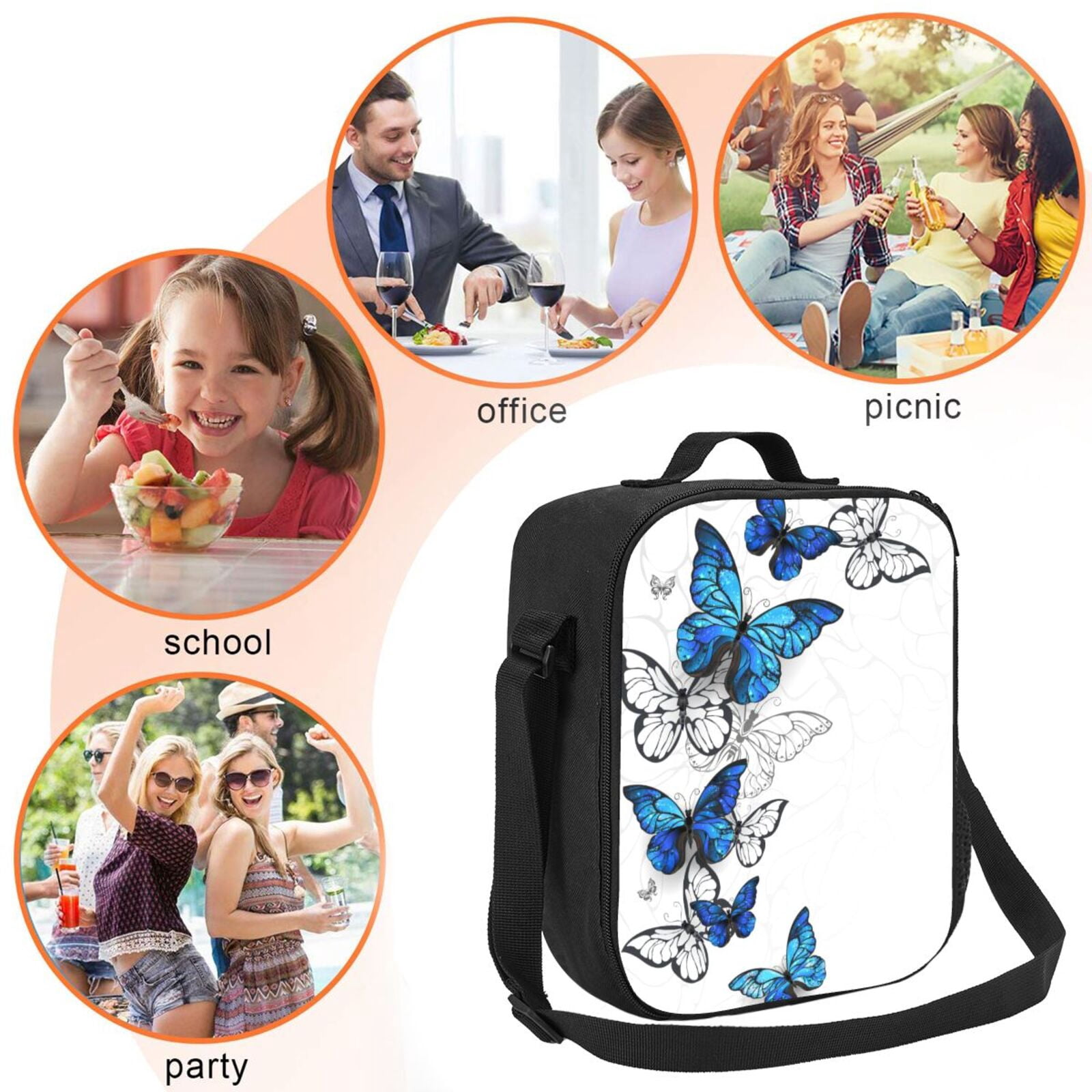 Defioc Blue Flying Butterflies Print Lunch Box for Men & Women, Insulated Lunch Bag Thickened Thermal Leakproof Lunch Tote Bag for Adult Office Travel Picnic