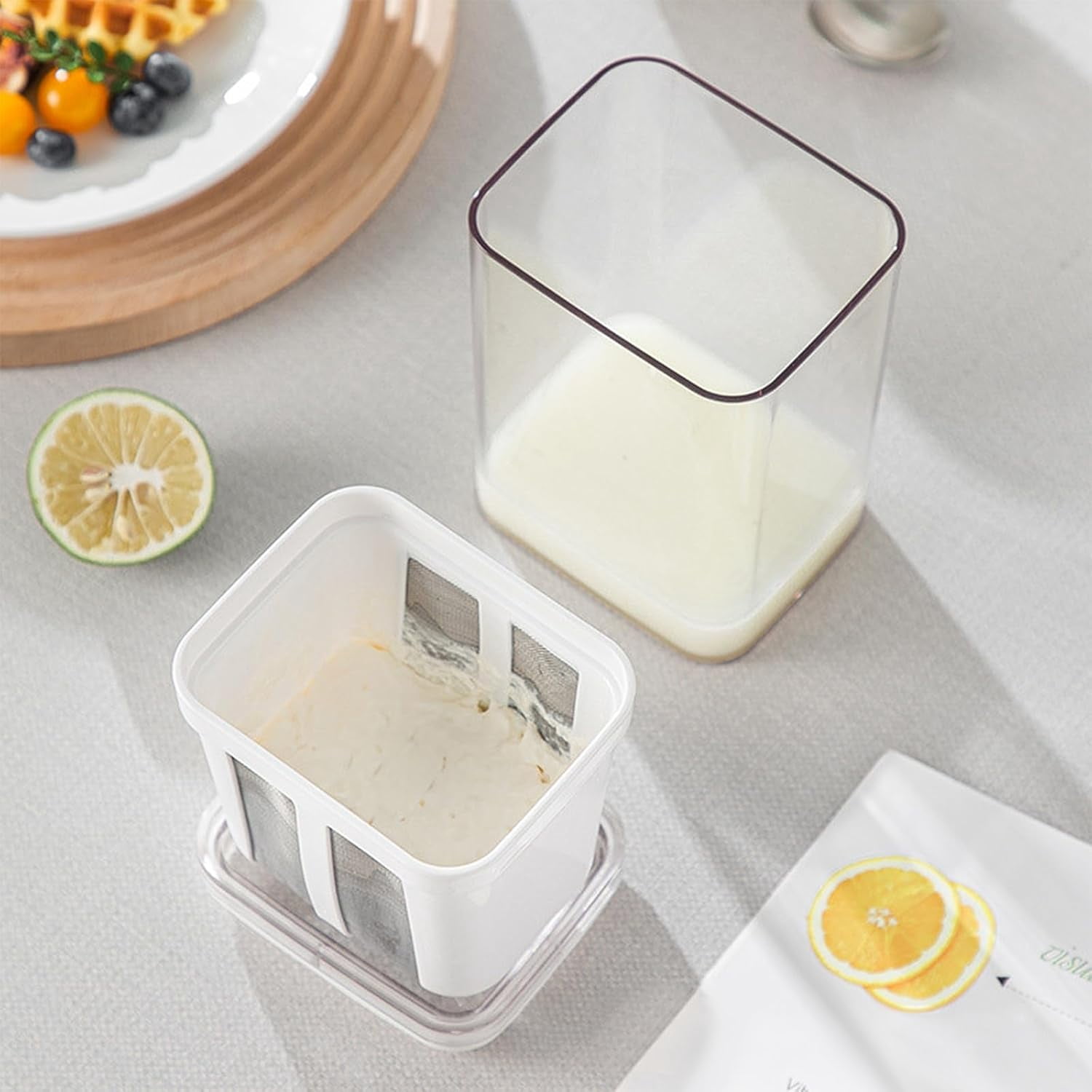 Greek Yogurt Strainer, 1100ml Multi Yoghurt Maker Strainer with Fine Mesh Bag & Lid for Thick Greek Yogurt, Soybean Milk, Kefir, Berries, Soup, Fruit Juice, Coffee