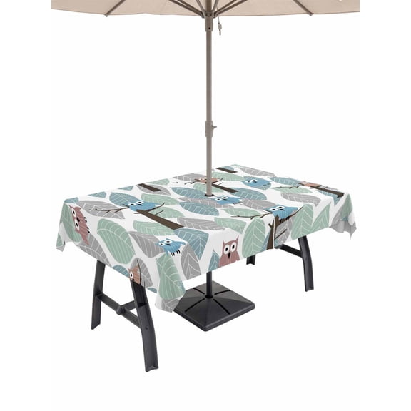 Outdoor Tablecloth with Umbrella Hole for Patio/Picnic/Party/Camping, Cute Owl Waterproof Table Cloth Rectangle Table Cover Washable, Funny Cartoon Animal Colorful Leaves Trees (54"x 80")