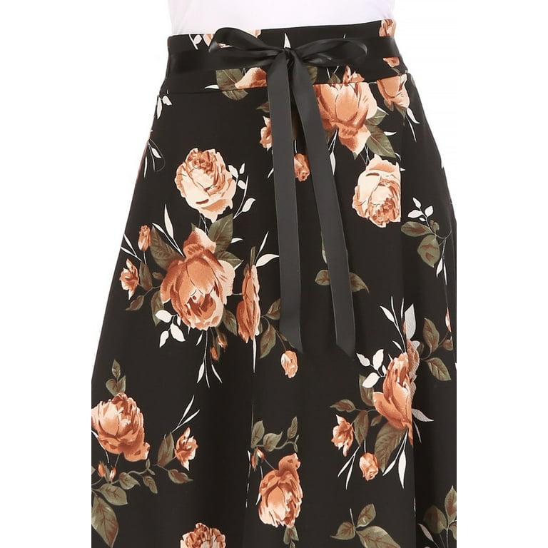 Women's Casual Floral Printed A Line Ribbon Belted Knee Length Midi Skirt