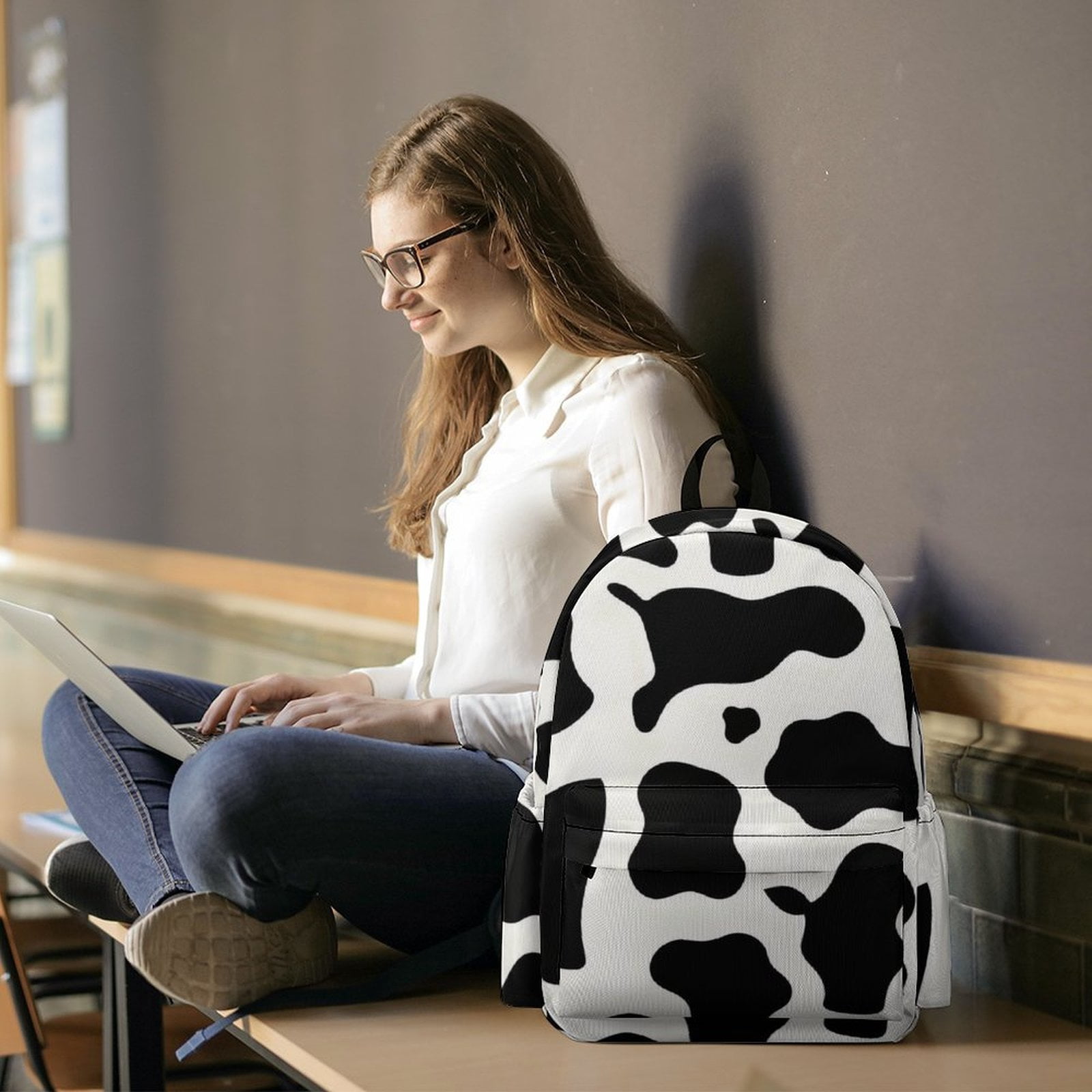 Large Capacity Half Print Backpack 11.8×16.5×5.9in Multifunctional Zipper Design Convenient Switch Simple Cow Print Pattern, Vector Art Style_4