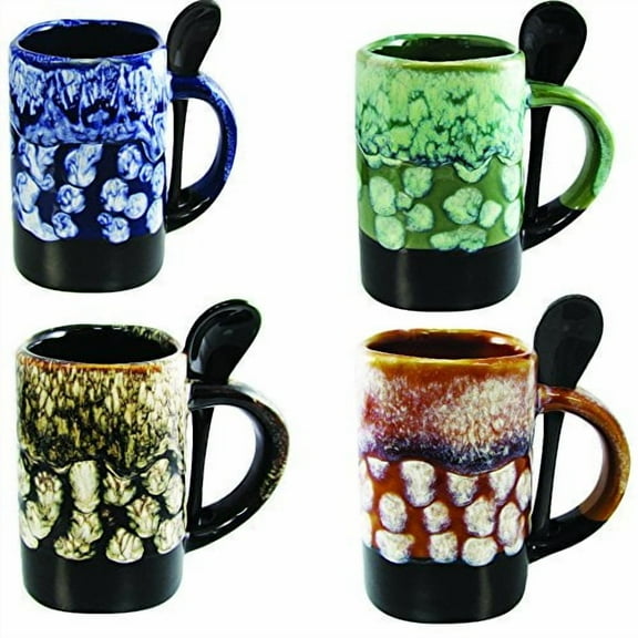 Rockin Gear Mugs Glazed Large Coffee Mugs 16 Ounce Creative Glazed Ceramic Beautiful Coffee and Tea Cup with Spoon Included (Set of 4) Makes a great gift and beautiful for home or office decor!