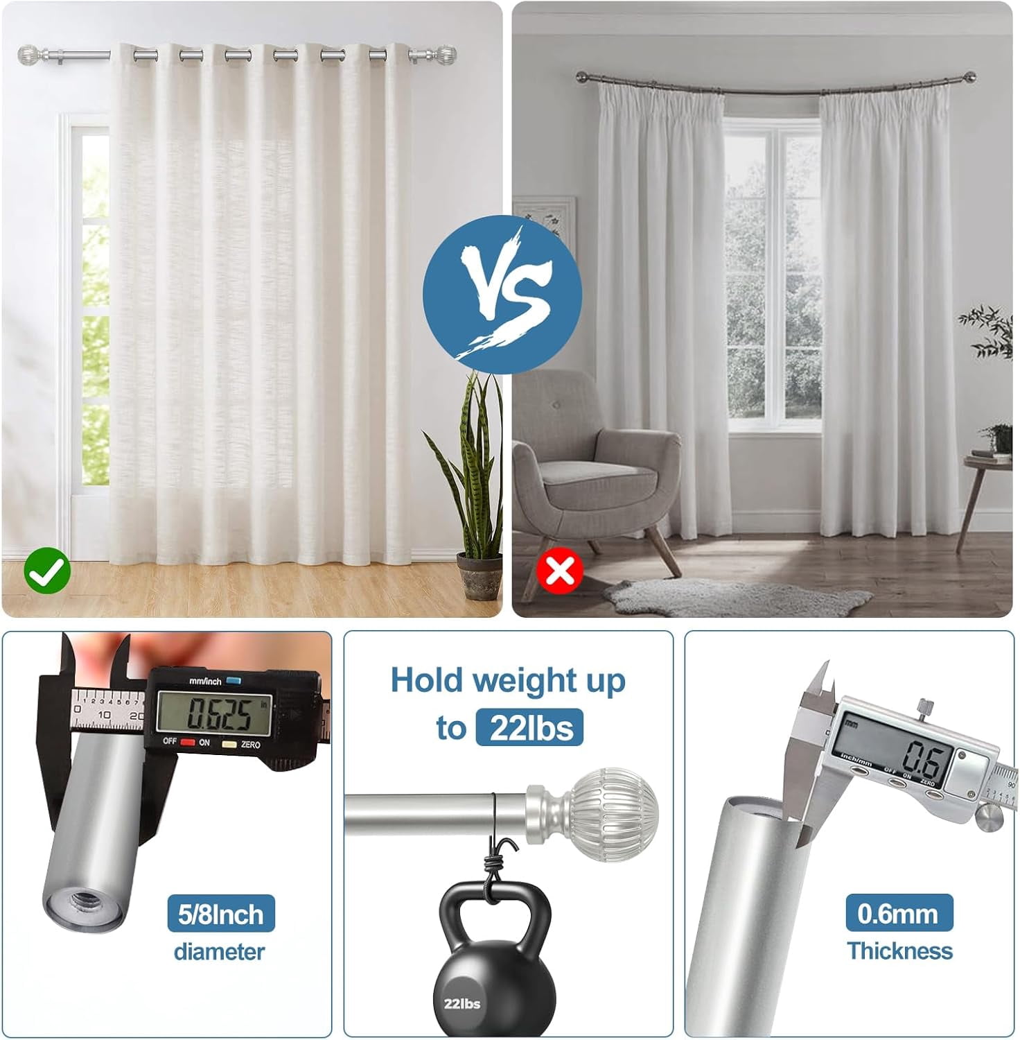 Urbanest Adjustable Volle Single Curtain Rod Set – 5/8 - Inch Diameter, With Pewter Rod, 28–120 Inches