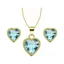 Paris Jewelry 18k Yellow Gold Plated Heart 4 Carat Created Aquamarine Full Set Necklace, Earrings 18 Inch