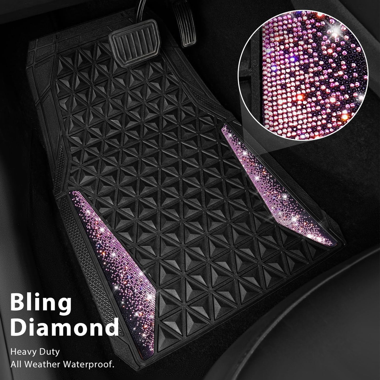 CAR GRAND Bling diamond rubble automotive floor mats full set anti-slip water proof universal fit glitter crystal sparkly shining rhinestone girl woman lady femal Black Pink