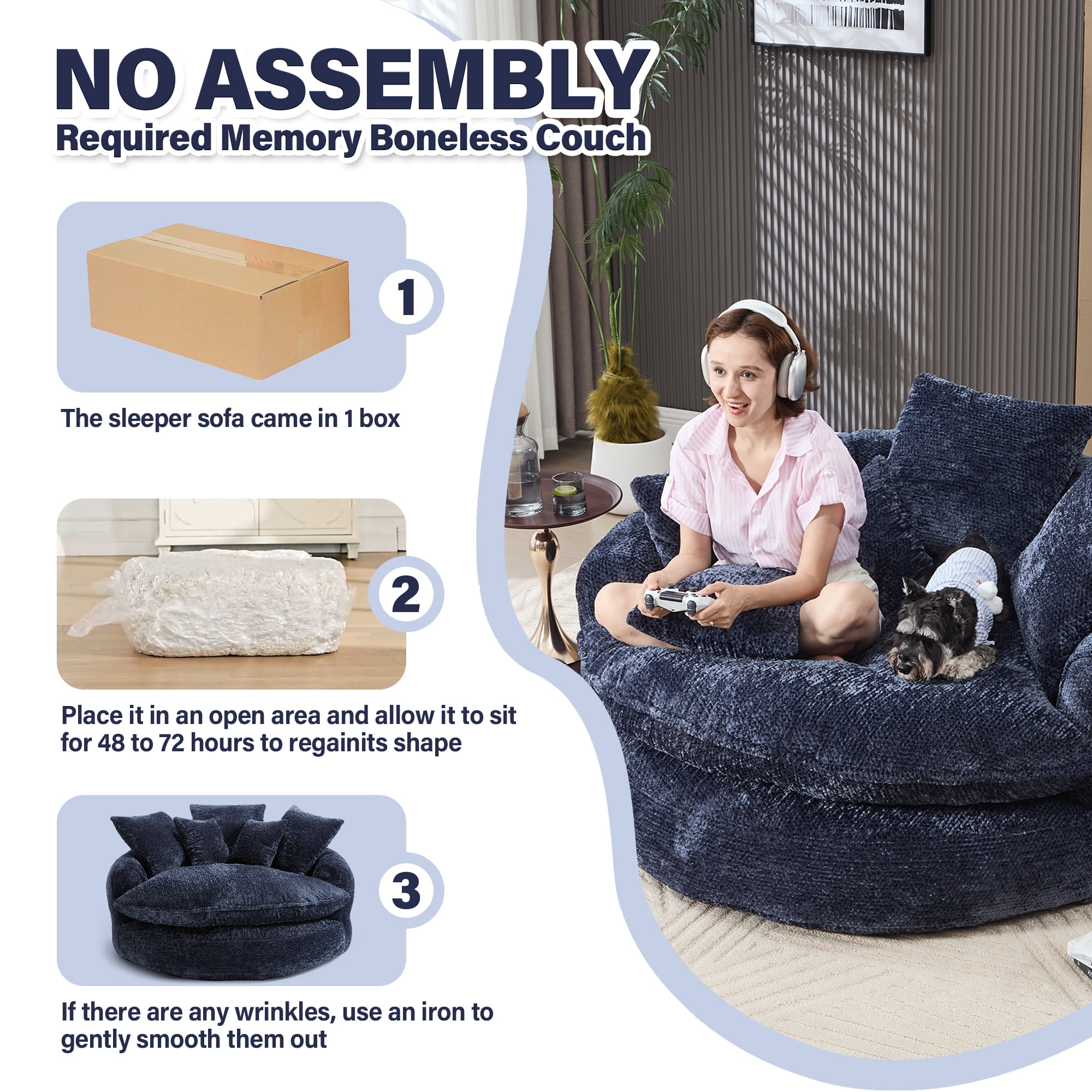 Aukfa 55" Oversized Round Chaise Lounge Chair, Fluffy Deep Seat Cloud Floor Sofa, Modern No Assembly Couch, Dark Blue