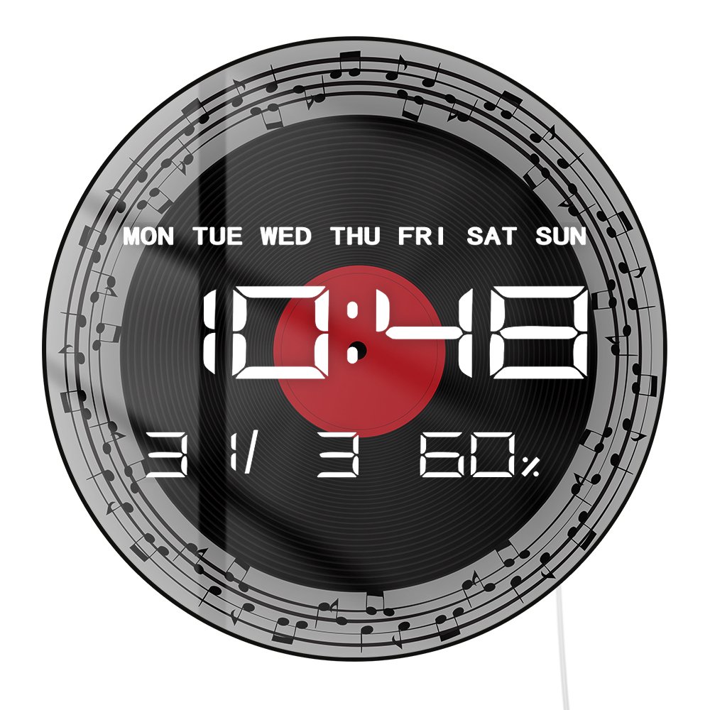 Retro Vinyl Record Music Note LED Digital Wall Clock Round Electronic Wall Clock Large Readout Digits Shows Temperature Date Week Humidity Classic Music Decor Clock For Music Studio Musician Gift