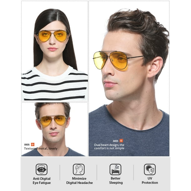Cyxus anti luz azul bloqueo UV gafas lente amarilla puente doble contra la fatiga ocular Gafas aviador Unisex Cyxus Style Walmart en linea